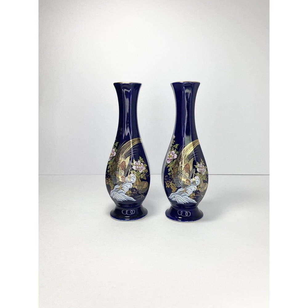 Set of 2 Japanese Cobalt Blue Ceramic Matching Vases Pheasant/Peony 8 1/4” VTG